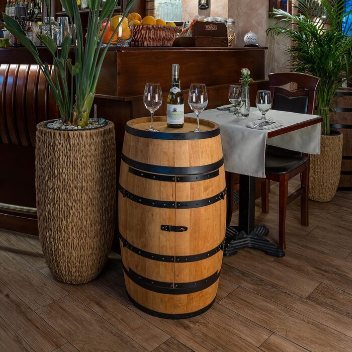 Wine Barrel Stand with Door - Alcohol Cabinet, Bottle Shelf, Wooden Shelves - Wine Barrel - Barrel Furniture - Wine Rack - Wine Rack - Wine Bar - Barrel Bar with Door - Barrel Bar Minibar 80cm High (Oak)