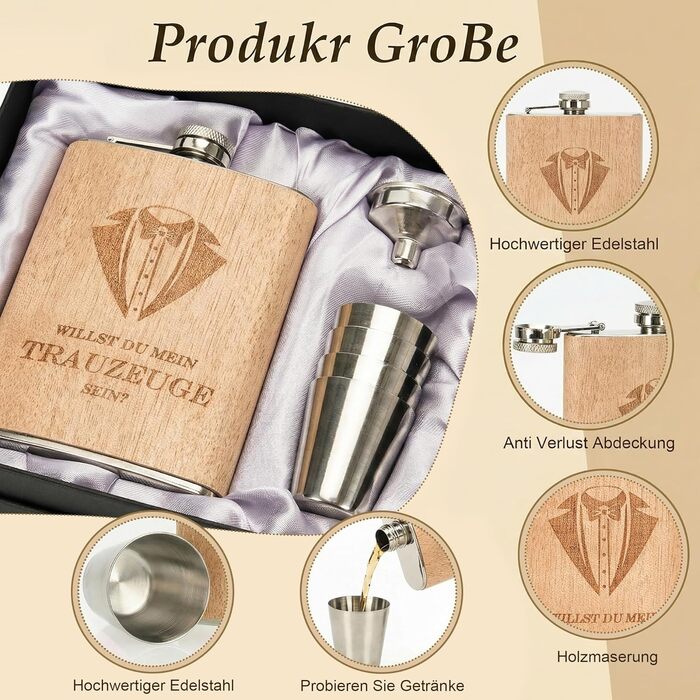 Персоналізований набір фляг 8oz з гравіюванням – фляга з нержавіючої сталі, 4 склянки, воронка & подарункова коробка для дружків, подарунок на весілля для чоловіків та жінок (колір дерева)