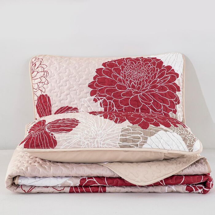 Tagesdecke WONGS BEDDING 220x240 см з квітами, бургунді. М'яка літня ковдра з мікрофібри для двоспального ліжка, комплект з 2 наволочками 48x75 см