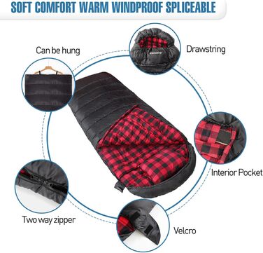 Спальний мішок Outdoor Flanell Warmer для туризму та кемпінгу. Бавовняне внутрішнє утеплення, до -1°C, XXL, 230x90 см, чорний, зима, дорослий