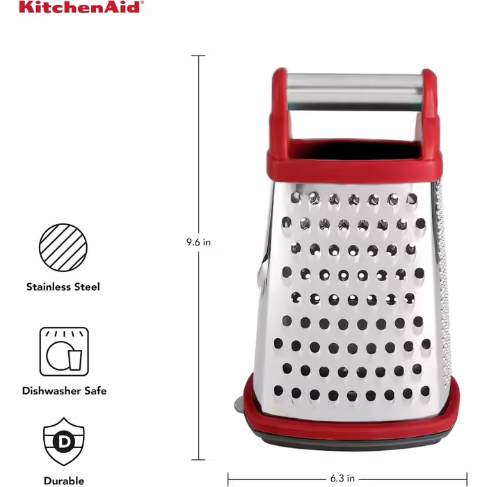 Тертка KitchenAid KN300OSERA Gourmet 4-стороння, з нержавіючої сталі, з контейнером на 3 чашки, мірними позначками, для дрібного, середнього та крупного натирання, підходить для посудомийної машини, Empire