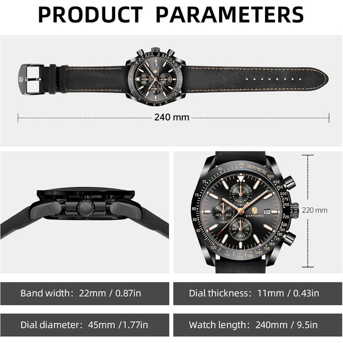 Годинник чоловічий BENYAR Chronograph з кварцовим механізмом, аналоговий, з шкіряним ремінцем. Стильний дизайн для бізнесу, спорту та повсякденного носіння. Водостійкість 30M. Елегантний подарунок для чоловіків (Чорний ремінець/Чорне корпус/Чорне цифербла