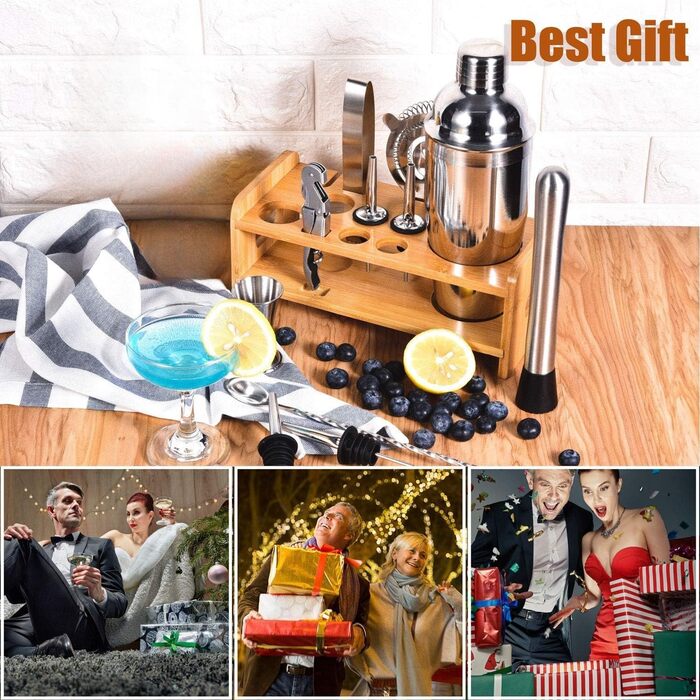 Набір шейкер для коктейлів Esmula 750 мл, 12 предметів, нержавіюча сталь, професійний барменський набір, стильний барний аксесуар для дому, з рецептами коктейлів (сріблястий)