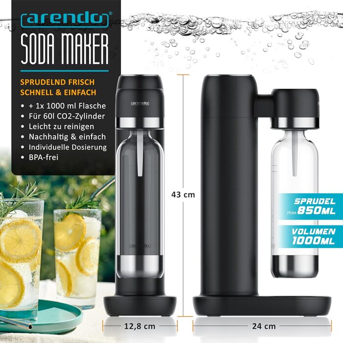 Arendo Soda Maker: Газова вода вдома - содовий напій, пляшка 1000 мл, BPA free, сумісний з CO2 балонами 60 л, чорний