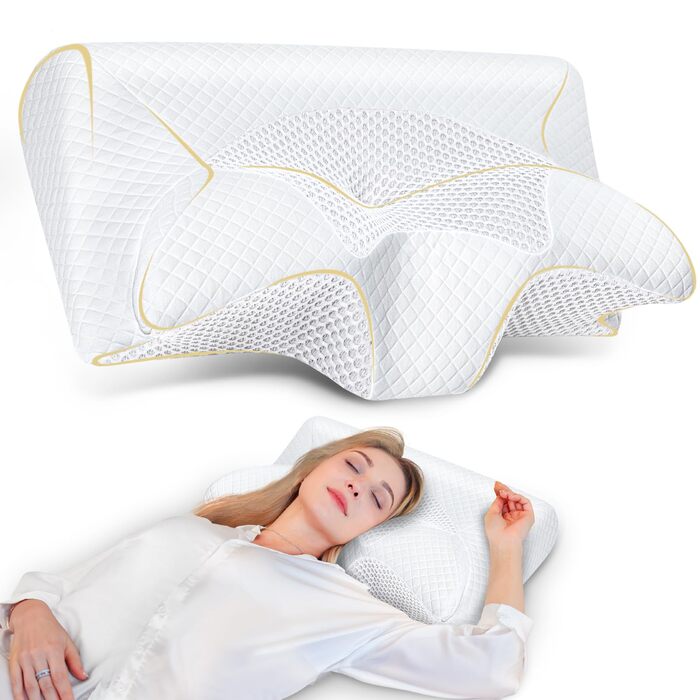 Подушка для шиї Saheyer з піною з пам'яті, 2 в 1: підтримка шиї, подушка для голови, для сну на боці, на животі та на спині, знімний та дихаючий чохол, 59 * 43 * 12/15 см, сірий та білий