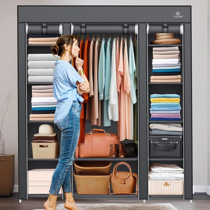 KESSER® Wardrobe Fabric Closet, Stable with Clothes Rail & Shelves, Incl. 5x Clothes Hangers, Fabric Folding Closet for Bedroom, Dressing Room Wardrobe with Clothes Rack 150x45x175cm Anthracite