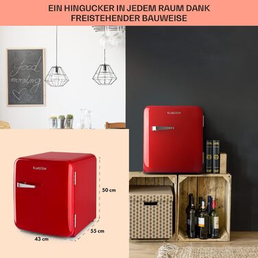 Klarstein Mini Kühlschrank з морозильною камерою 37л: компактний холодильник для напоїв та косметики, ретро-дизайн, тихий, для кімнати, 2в1, червоний, енергоклас E