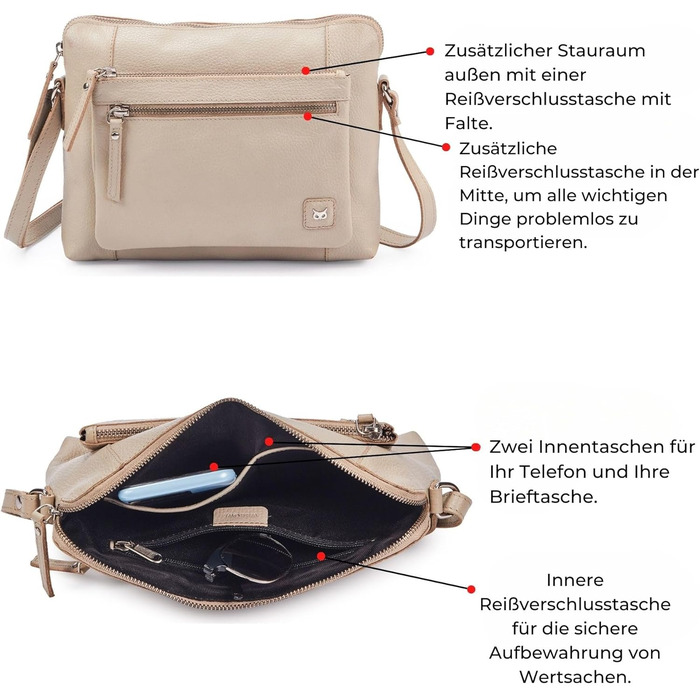 Сумка через плече Wise Owl з натуральної шкіри бежевого кольору (Nappa) для жінок та чоловіків, кросбоді, 5 відділень на блискавці