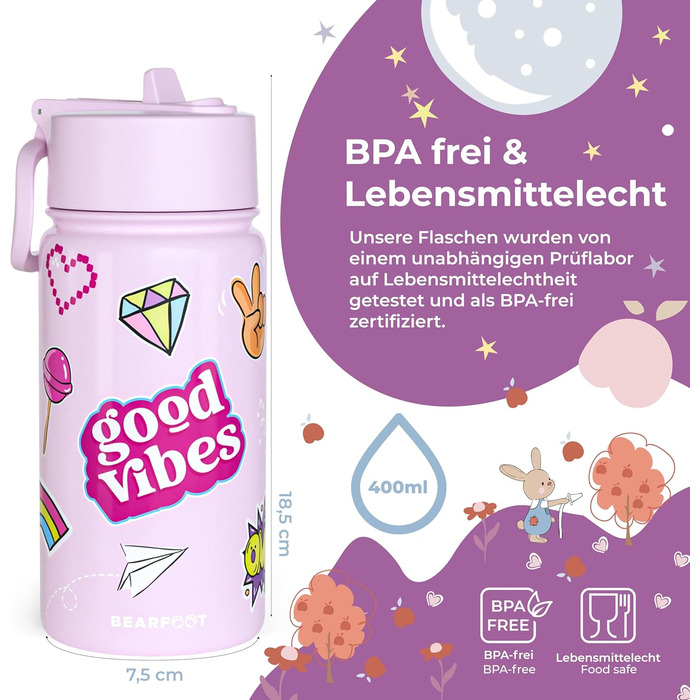 Дитяча термопляшка Bearfoot з нержавіючої сталі з трубочкою, 400 мл, без BPA, не протікає, для дівчаток та хлопчиків, ідеальна для школи та дитячого садка (фіолетовий колір, з наклейками)