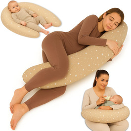 Подушка для вагітних Totsy Baby XXL 190 см - подушка для сну на боці, підтримка тіла, бавовна Oeko-Tex, бежево-біла зі зірками