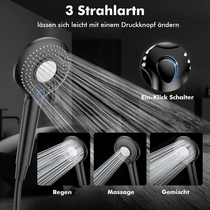 Showerhead with Filter MEKO High-Pressure Handheld Shower with 15-Layer Filtration, 1.5M Hose, 3 Spray Patterns, Water-Saving Showerhead for Removing Hard Water, Residual Chlorine, Bacteria, and Heavy Metals (Black)