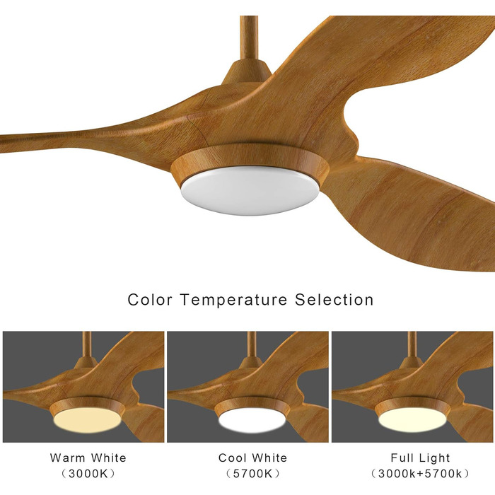 Стеляний вентилятор Reiga з підсвічуванням та пультом керування, 132 см, тихий реверсивний мотор, 6 швидкостей, таймер, регулювання яскравості та 3 колірні температури, світло-коричневі лопаті