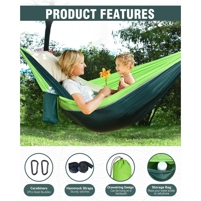 Гамак OTraki для відпочинку на природі 270x140 см: легкий, портативний, нейлон. Ідеально для саду, балкону, кемпінгу та дому.