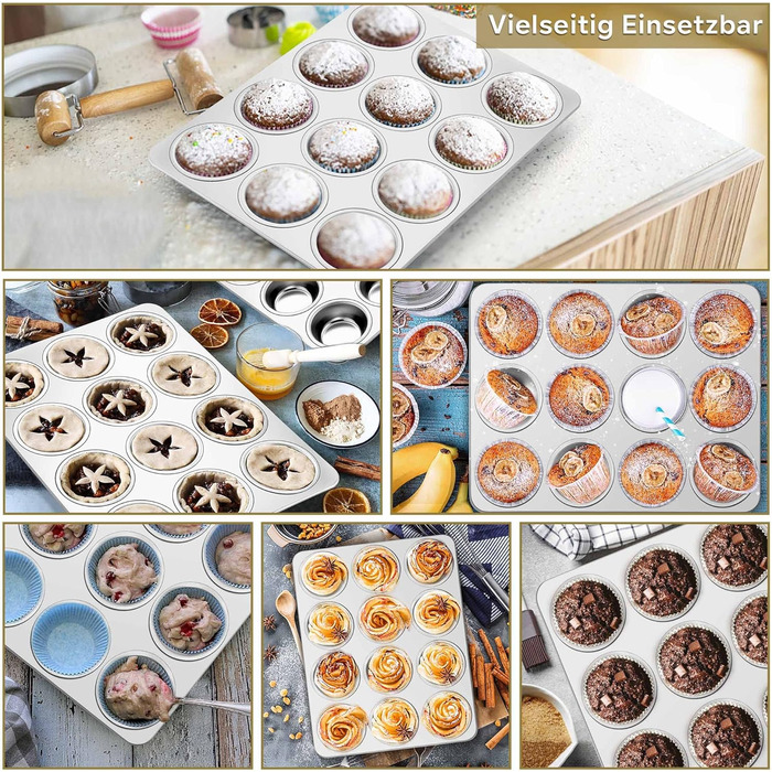 Joyfair Muffin Tin 2-Piece Set, Stainless Steel Muffin Sheet for 12 Muffins, Muffin Baking Pans 35 x 27cm, Muffin Baking Pan for Cupcakes, Brownies, Pudding, Cake, Non-Toxic & Healthy, Oven & Dishwasher Safe