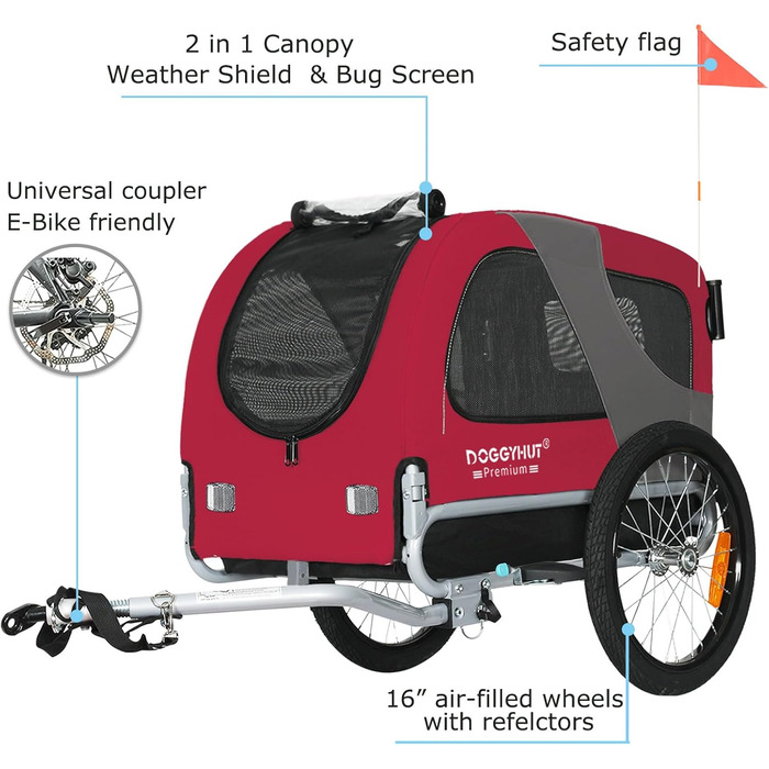 DOGGYHUT® Преміум візок для собак 2-в-1: візок-бугель для собак до 23 кг (червоний)