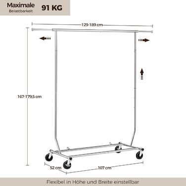 Yaheetech Clothes Rack Rolling Garment Rack Extendable Clothes Rail Height-Adjustable Clothes Hanger with Foldable Base, Load Capacity up to 90 KG