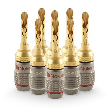 Nakamichi FanLock Excel Serie 24K позолочені банани BFA 10-18 AWG 4 мм для акустики Hi-Fi, домашнього кінотеатру (8 шт - 4 пари)