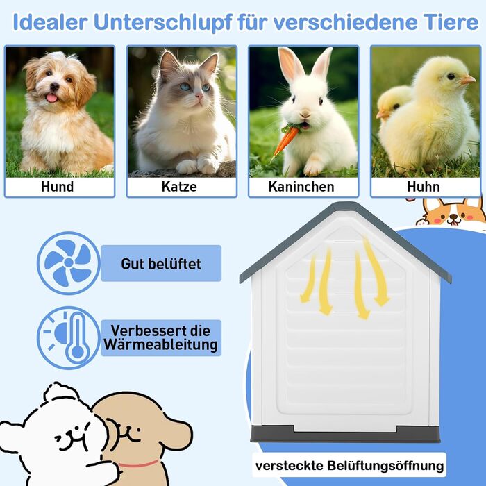 Будка для собак GOPLUS Outdoor, вологостійка з закривною решітчастою дверцятами та піднятим дном, вентиляційні отвори, похила дах, клітка для собак Indoor, будиночок для домашніх тварин для собак та котів (Сірий)