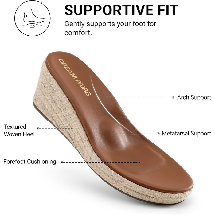 Босоніжки жіночі DREAM PAIRS на танкетці Espadrille, коричневі, 38.5 EU - зручні сандалі для відпочинку та пляжу з підтримкою склепіння стопи