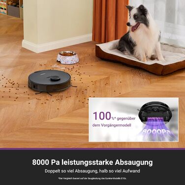 Робот-пилосос EUREKA E20 Plus чорного кольору з функцією миття підлоги, LiDAR-навігація, 4000Pa, автопідняття мопа, керування через додаток та голосовий помічник, ідеально для видалення шерсті тварин