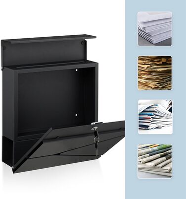 Поштовий ящик Relaxdays з газетницею, чорний, DIN C4, 37x37x11 см, вологостійкий, 4 ключі