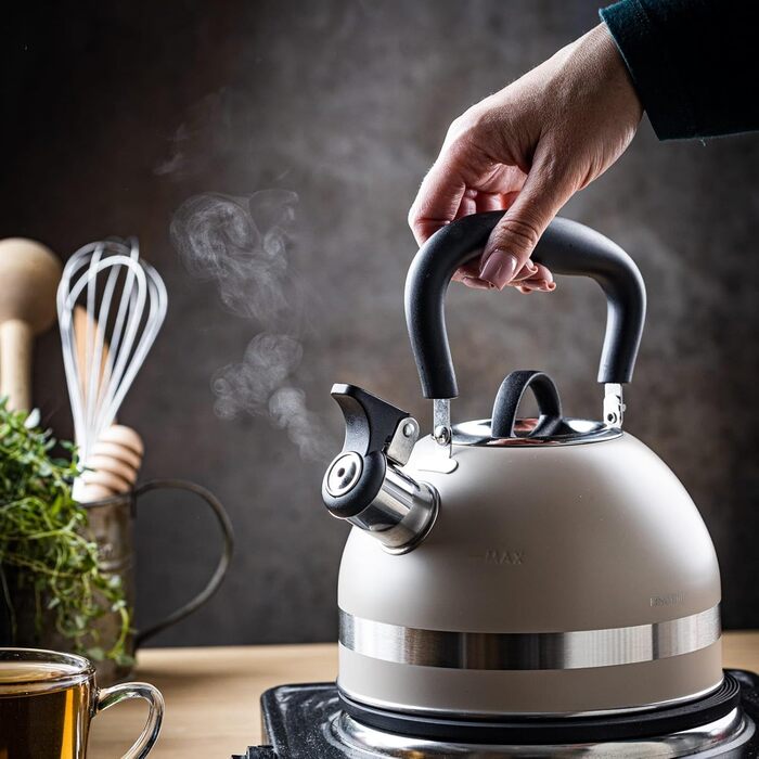 Чайник Kinghoff 1.8L з нержавіючої сталі з свистком, для індукційних плит, компактний, з відкидним ручками, чайник для плити, матовий (Бежевий)