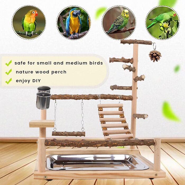 Canary Play Stand Bird Play Stand with Feeder Cup Toy Ladder Climbing Swing and Tray for Budgies, Cockatiels, Parrots, Wood, Size 45x37x26 cm #A