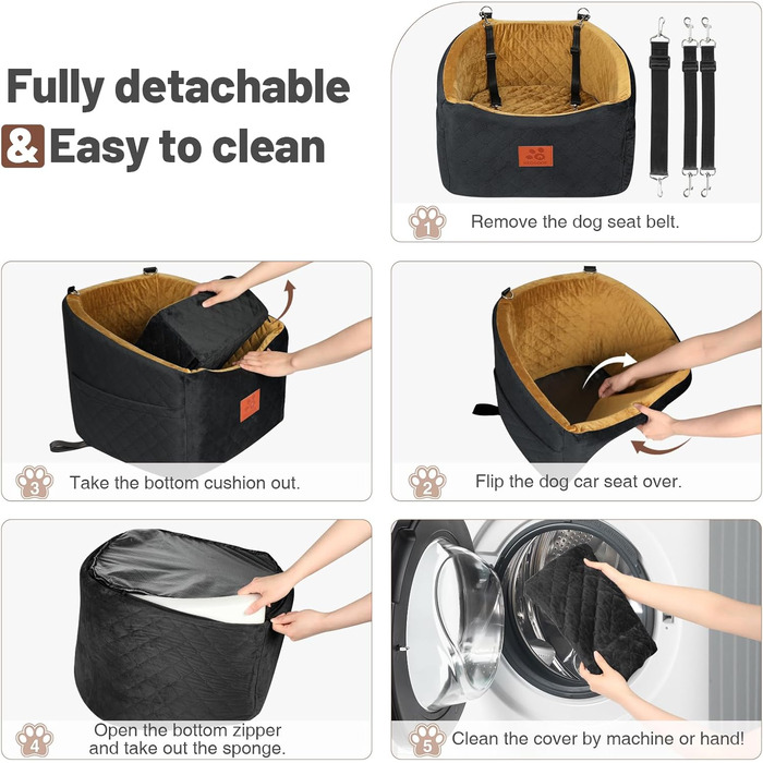Автокрісло для собак HEGGOOE: комфортне та безпечне автоліжко для маленьких та середніх собак, з пам'яті ефекту, знімний дизайн, з кишенями та страхувальними ременями (чорний/кава)
