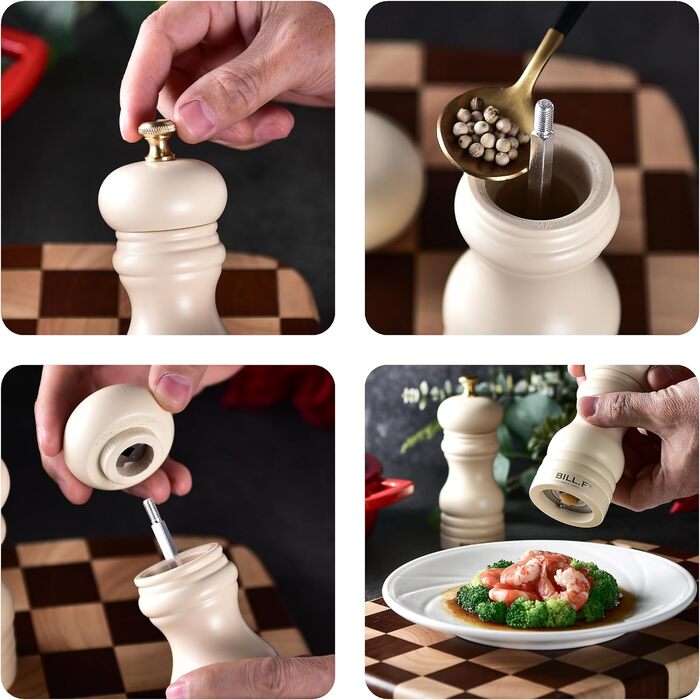 Набір для солі та перцю Bill.F, 2 шт., дерев'яні, ручні, з регульованим керамічним жорном, 13,5 см (чорний та кремовий)