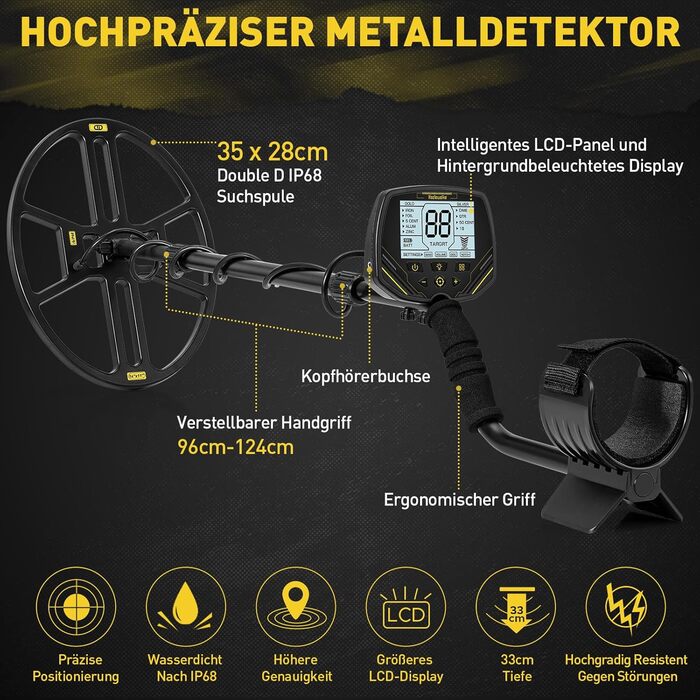Металодетектор DD90 чорний з великою водонепроникною котушкою 14'' та LCD-дисплеєм, 4 режими, висока чутливість