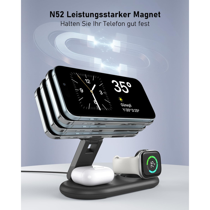 Зарядна станція 3-в-1 для Apple Watch та iPhone з MagSafe, сумісна з iPhone 17, 16, 15, 14, 13, 12, AirPods Pro (білий/чорний)