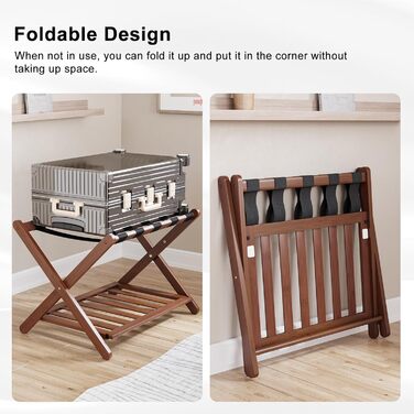 Fully assembled white luggage rack, improved bamboo, foldable suitcase stand with 5 nylon straps, luggage rack with shelf for guest rooms, hotel (white luggage rack, 1 piece) (1 x Walnut)