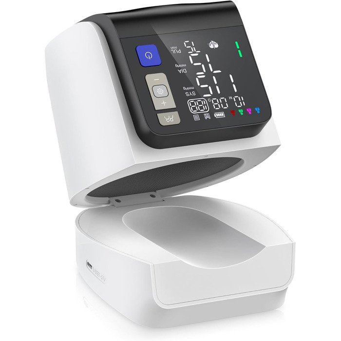 Тонометр на плече Arboleaf з великим LED-дисплеєм, вимірювання пульсу та частоти серцевих скорочень, 4x199 місця пам'яті, зарядка USB-C або AA-батареї, для домашнього використання, білий, компактний