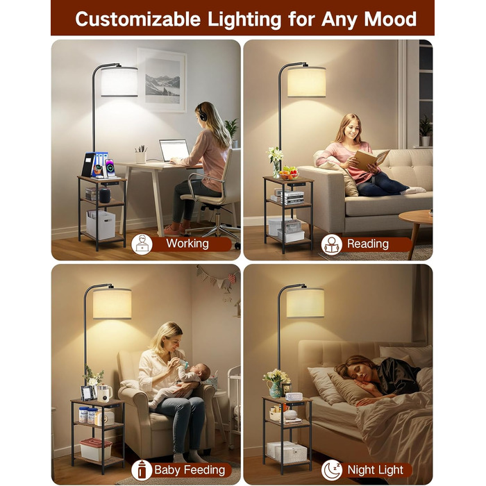 Стійка лампа для вітальні з поличкою та столом, регульована LED лампа з пультом, 3 колірні температури, приліжний столик з функцією зарядки та полицею, дерев'яний столик для спальні, офісу, коричневий в стилі рустік