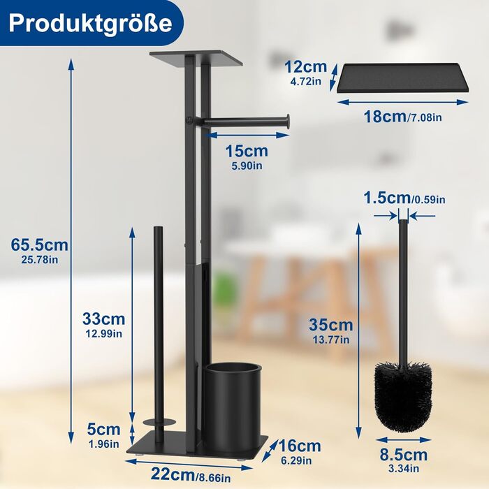 Stainless Steel Toilet Paper Holder with Brush and Wipes Box - Standing Toilet Paper Dispenser with WC Brush and Cover - Black Finish