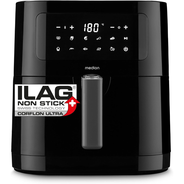 MEDION E40 XL Фритюрниця з гарячим повітрям (5.2 л, Airfryer, 2150 Вт, 9 автоматичних програм, функція випікання, без олії, сенсорне керування, LED дисплей, MD 11740) чорна
