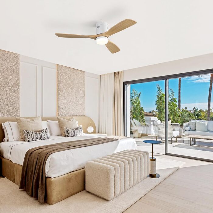 Стеляний вентилятор Sofucor з дистанційним керуванням, дерев'яний з 3 лопатями, 132 см, тихий, 6 швидкостей, таймер, DC двигун, літньо-зимовий режим, для спальні (з підсвічуванням та кріпленням Flush Mount, натуральне дерево)