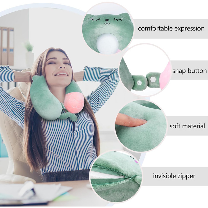 Подушка для шиї дитяча та доросла, у вигляді тваринки, 33x30 см, Memory Foam, для подорожей, літака (зелена)