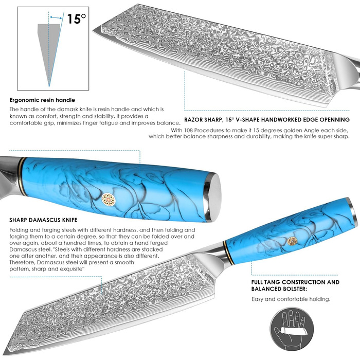 Ніж Kiritsuke з дамаської сталі для кухні, 18.8 см, VG-10, ергономічна ручка, подарункова коробка
