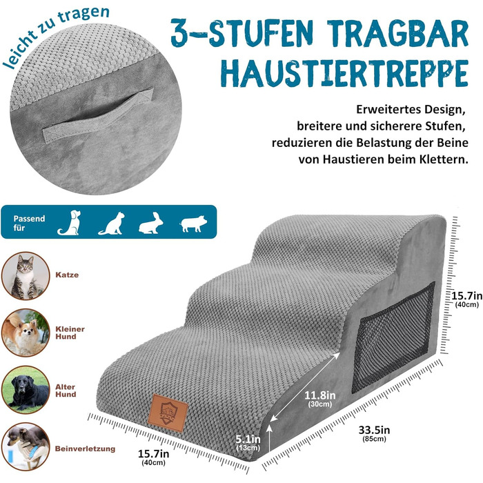 Phone Dog Stairs for Small Dogs, Dog Stairs, Non-Slip Dog Stairs 5 Steps, Washable Dog Ramp Bed, Pet Stairs made of High-Density Sponge, for Injured & Older Dogs, Cats (Pet Stairs 3 Steps, gray)