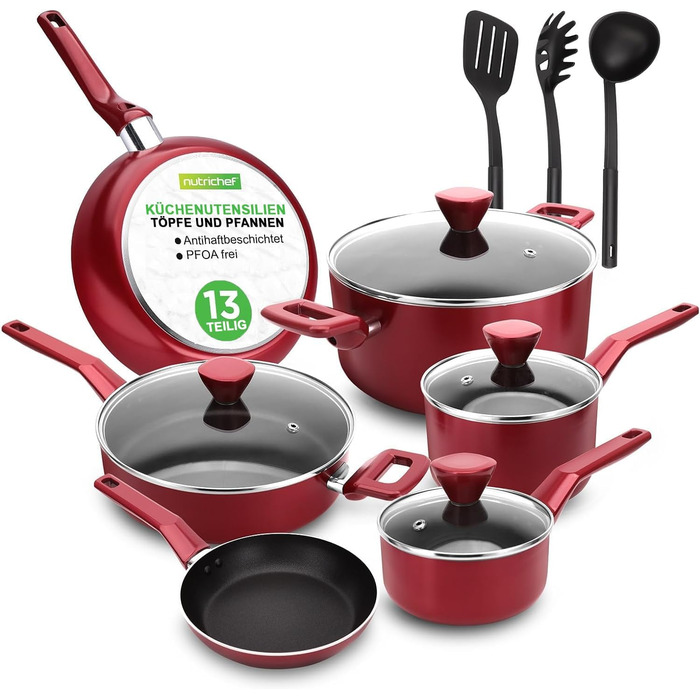 NutriChef 13-Piece Cookware Set & Pot Set Non-Stick Cookware Set with Transparent Lids | Induction Pots & Pans Set for Gas, Electric & Ceramic Stovetops | PFOA-Free for Healthy Cooking Red