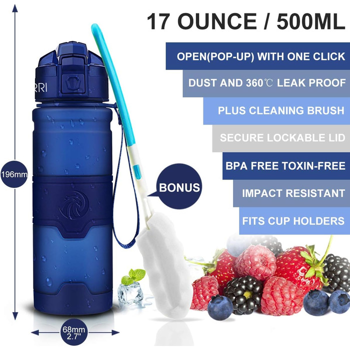 ZORRI Sport Water Bottle for Kids, 500 ml/700 ml/1000 ml, BPA-free, eco-friendly Tritan plastic, reusable water bottles with filter, 1000ml-32oz (Dark Blue, 503 ml)