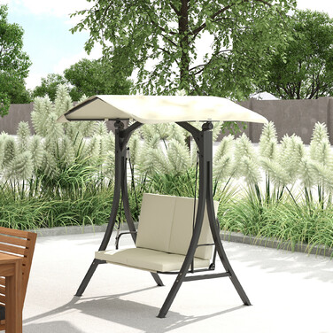 Outsunny Hollywood Swing with Adjustable Sun Canopy and Seat Cushion, Protective Cover, 2-Seater Garden Swing, Weight Capacity up to 220kg, UV 30+ Swing Bench for Garden, Patio, 150x120x182cm, Cream White | Aosom