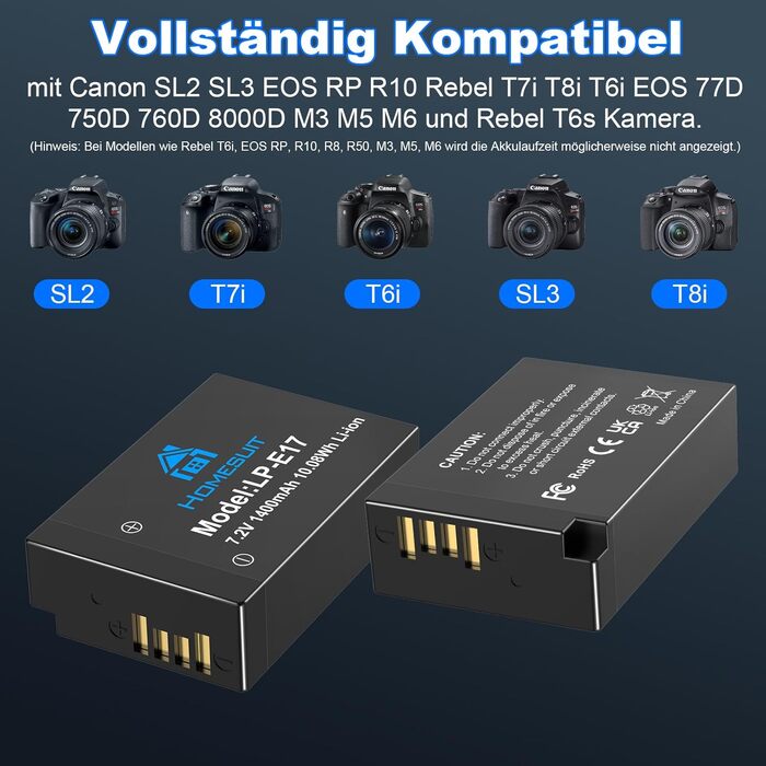 Акумулятор LP-E17 1300mAh та зарядний пристрій LED Dual USB для Canon Rebel SL3, SL2, T8i, T7i, T6i, T6s, EOS R10, R50, R8, RP, M3, M5, M6, 200D, 77D, 750D, 760D, 800D, 8000D (2 шт. акумулятори & 1 зарядний пристрій)