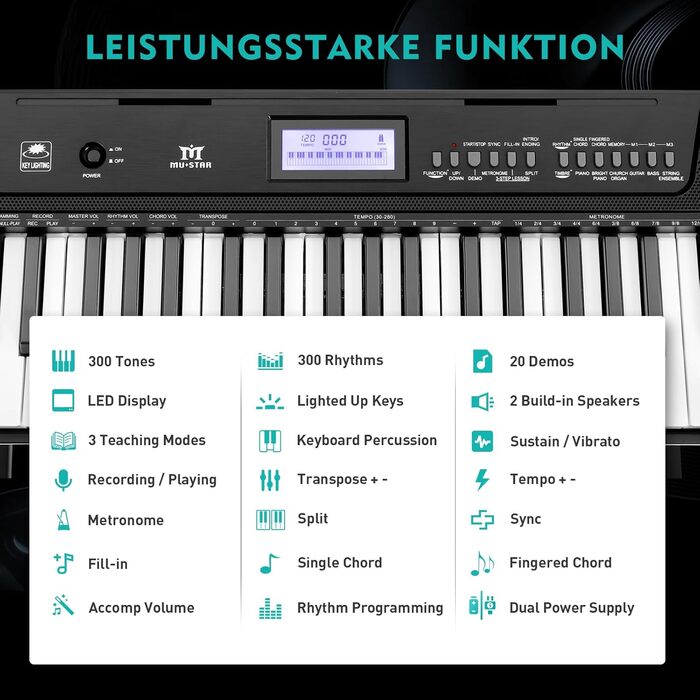 MUSTAR 61-клавішна клавіатура-піаніно для початківців, цифрова клавіатура з підсвічуванням, динаміками, стійкою, табуретом, навушниками, мікрофоном, підставкою для нот, 300 звуками та уроками музики (Чорний)