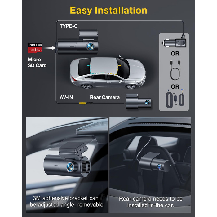Відеореєстратор GKU 4K Dual з GPS, WiFi, ParkSurv, Нічне Бачення, WDR, 170° та G-Sensor. В комплекті SD-карта 64GB. Чорний