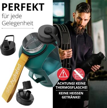 Спортивна пляшка з нержавіючої сталі ACTIVE FLASK 1,3 л, BPA-free, з трубочкою, 3 кришки, герметична, підходить для газованої води, темно-бірюзова, для спорту, фітнесу, аутдору