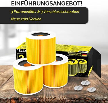 Фільтр для пилососа Kärcher (WD3, WD2, WD1, MV3, MV2, A, K, KNT, NT, SE, VC) - замінник 6.414-552.0 - 3 круглі фільтри + 3 кришки-гвинти для алергіків проти дрібного пилу та запахів