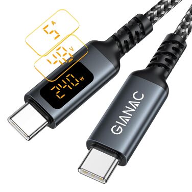 Кабель USB C - USB C GIANAC 1 м з LED дисплеєм, підтримкою PD3.1, нейлон, для iPhone, Samsung, iPad, MacBook Pro/Air