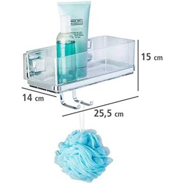 WENKO Vacuum-Loc Bathroom Wall Shelf Quadro with Hooks, 2 Tiers, with Removable Bowl, Mounting without Drilling, Stainless Steel/Plastic, 25.5 x 15 x 14 cm